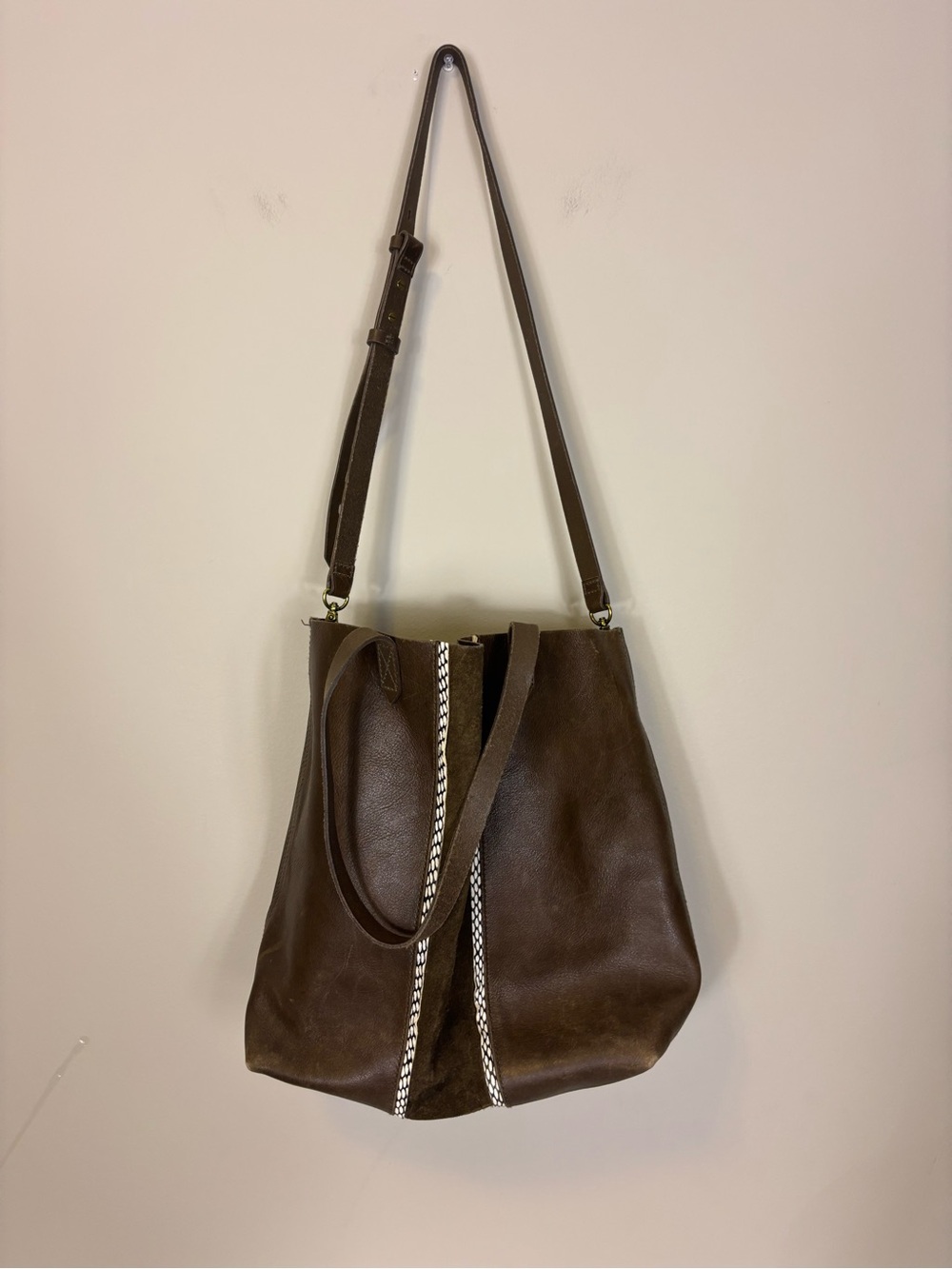Madewell Dark Brown Leather Shoulder Tote Bag with Braided Suede Detail
